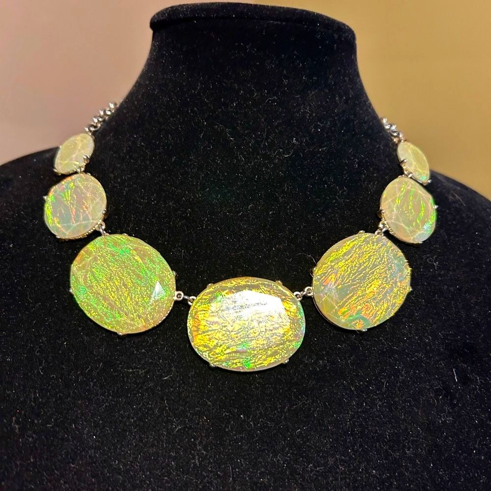 Green Gold Statement Necklace Chunky Iridescent Faceted Gem Bead Boho Festival 2